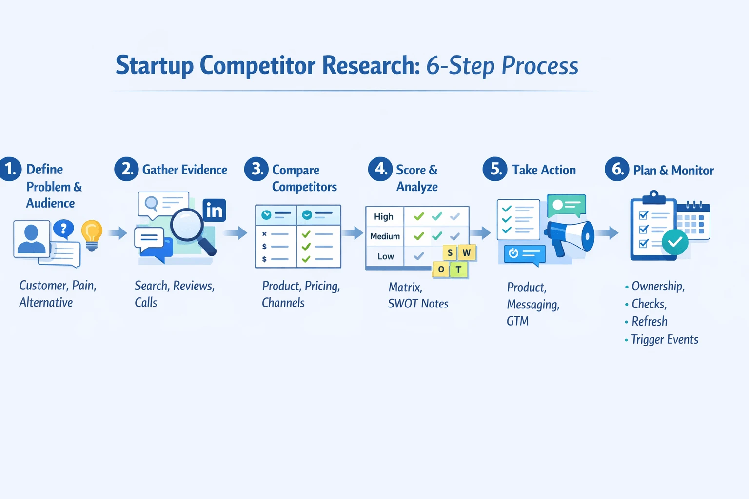 Six-step competitor analysis for startups workflow diagram