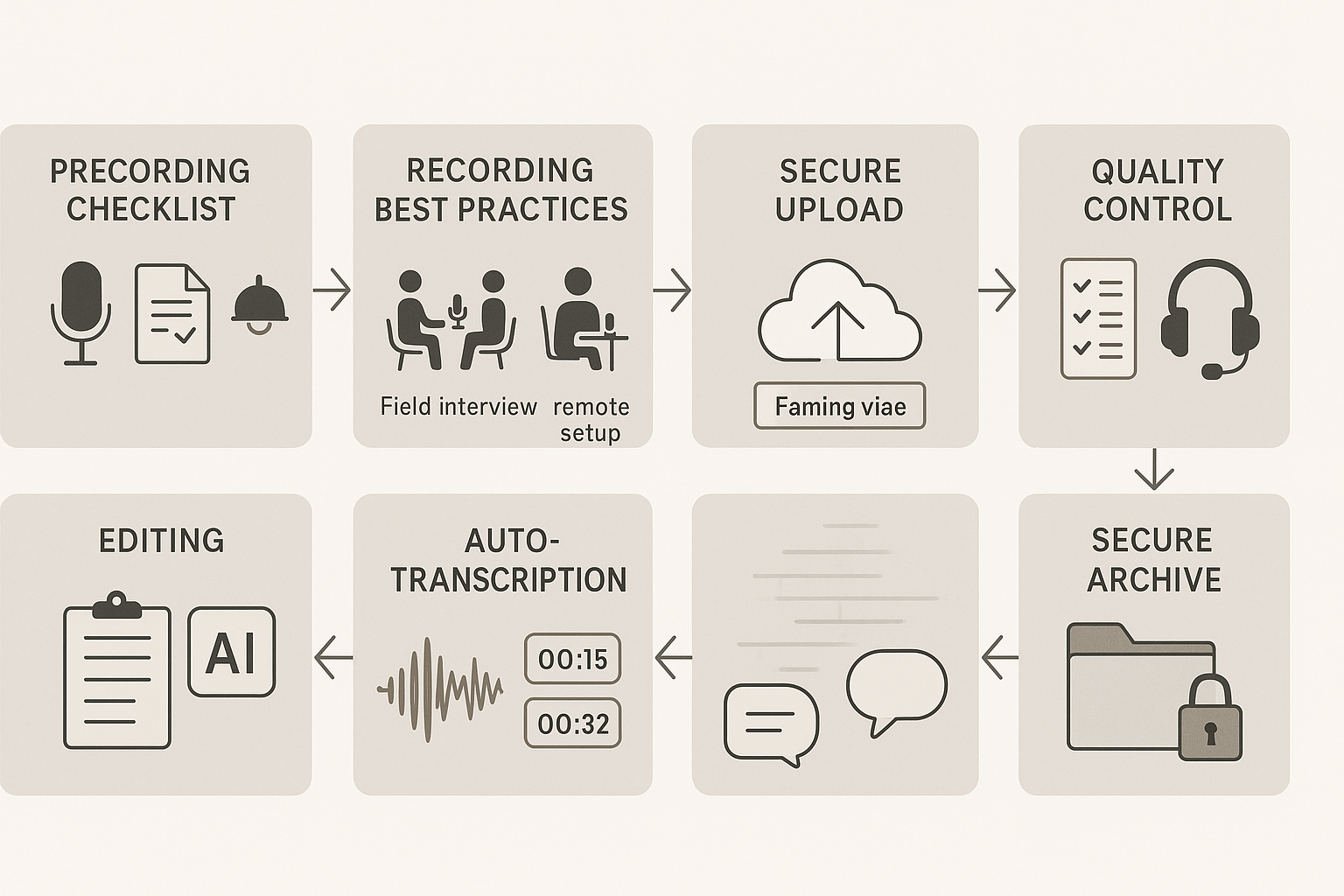 A seven-step horizontal schematic for transcribing interviews, from preparation to secure storage, using minimalist icons representing equipment, recording, automated speech recognition, editing, and quality control checks. A seven-step horizontal schematic for transcribing interviews, from preparation to secure storage, using minimalist icons representing equipment, recording, automated speech recognition, editing, and quality control checks.
