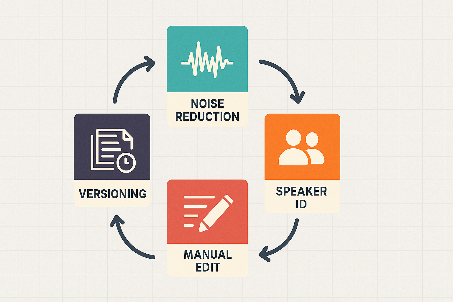 Feedback loop diagram with icons for noise reduction, speaker identification, manual editing, and version control Feedback loop diagram with icons for noise reduction, speaker identification, manual editing, and version control