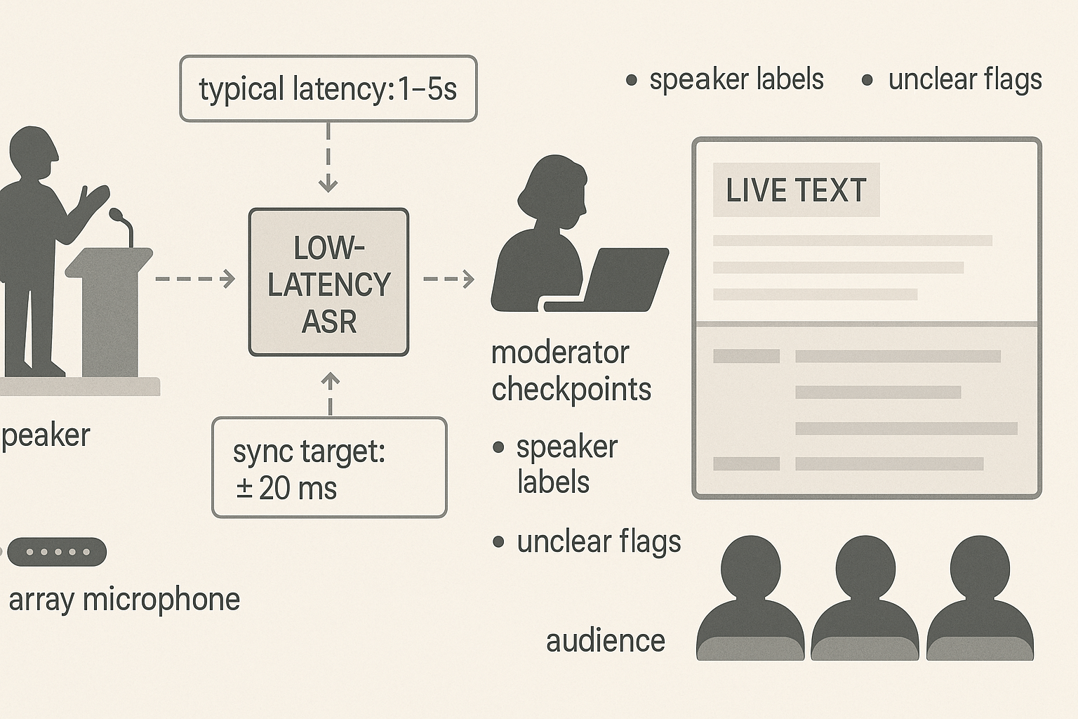 Workflow diagram: speaker to low-latency ASR to moderator edit to audience captions, with notes on 1–5s latency and moderator checkpoints.