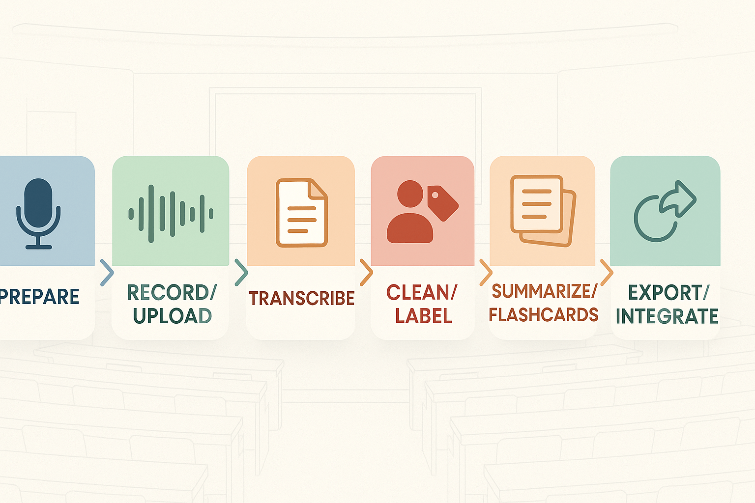 Infographic showing 6-step process: prepare audio, record/upload, transcribe, clean and label, summarize into flashcards, export to study tools.